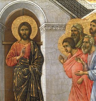 Duccio di Buoninsegna (1260 ca.-1318), Maestà (cimasa), "Apparizione agli apostoli a porte chiuse", particolare. 